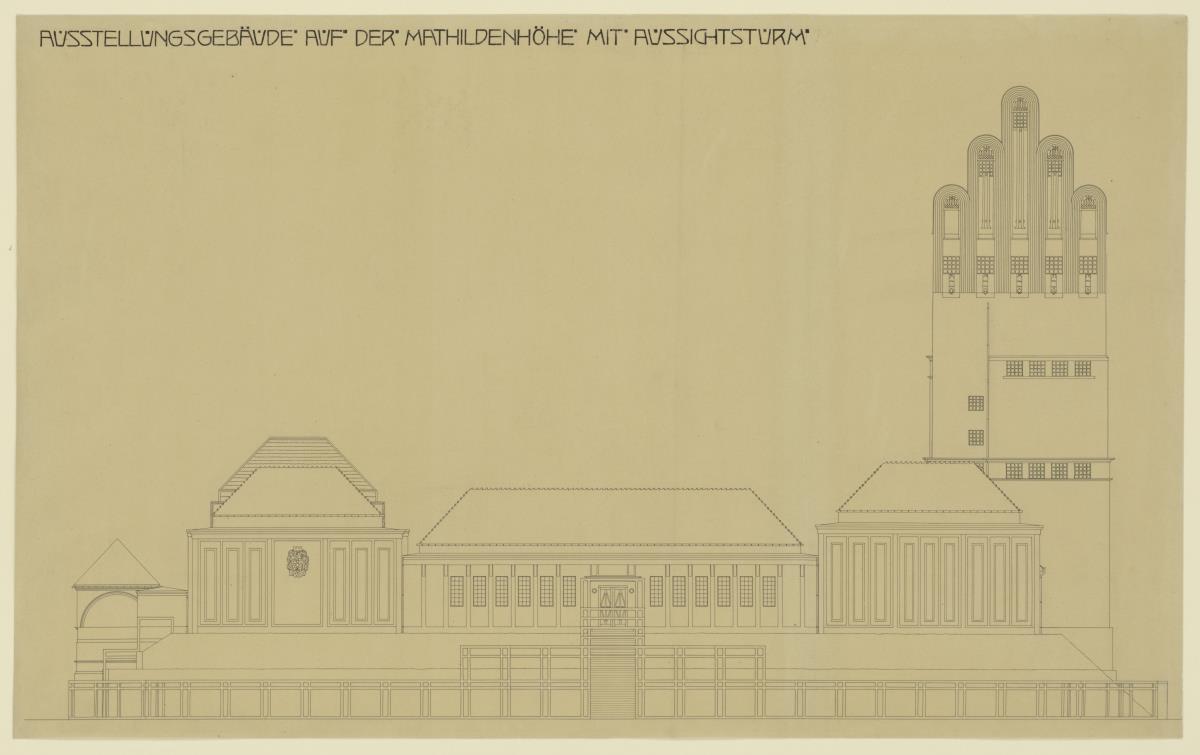Darmstadt, Ausstellungsgebäude und Hochzeitsturm, Aufriss der Ostfassade