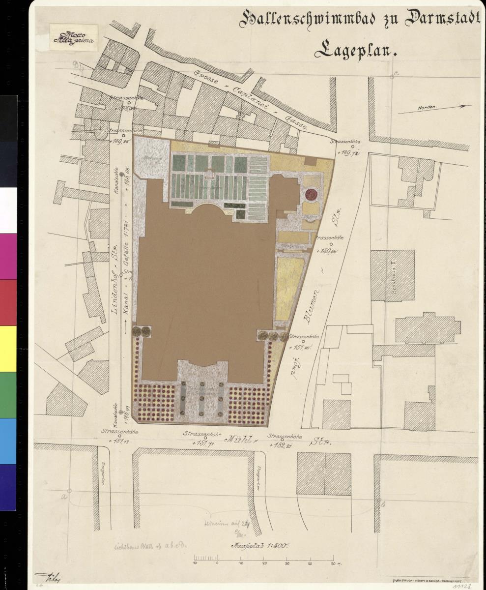 Darmstadt, Projekt Hallenschwimmbad, gedruckter Kartenauszug mit montiertem Grundstücksplan