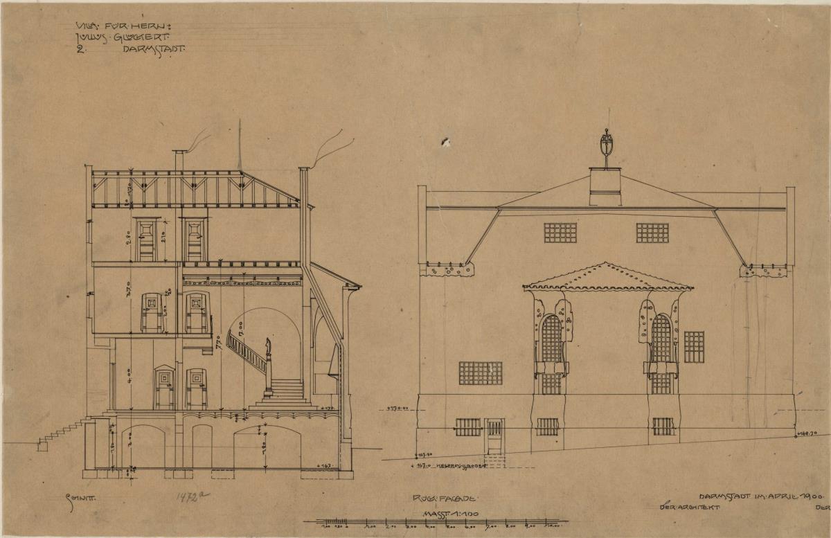 Darmstadt, Grosses Glückerthaus, Schnitt und Aufriss der Ostfassade