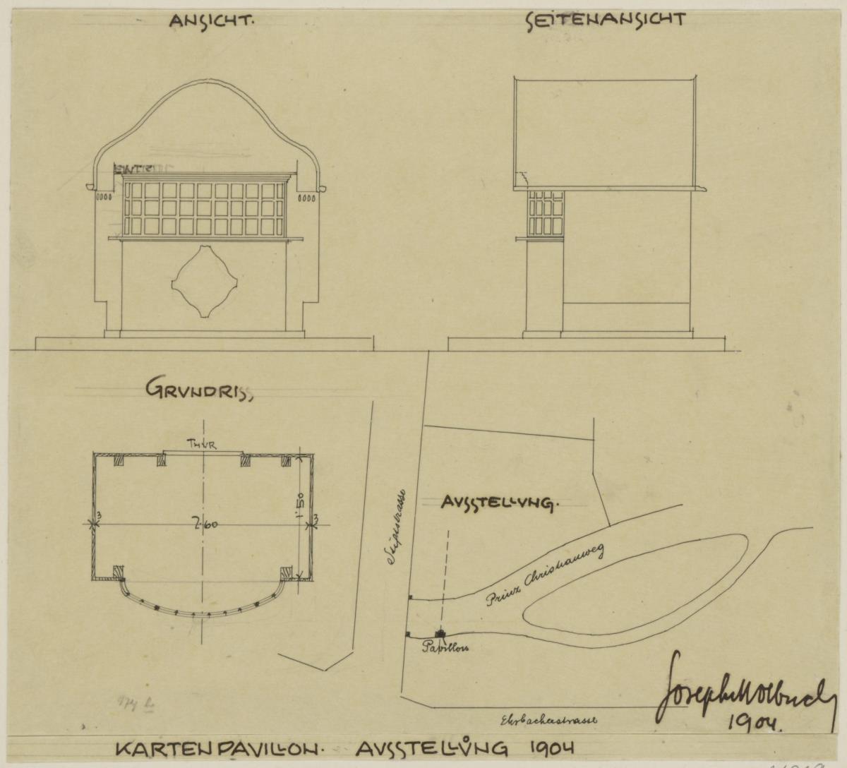 Darmstadt, provisorische Kartenpavillons und Zaun für die Künstlerkolonie Ausstellung, Eintrittskarten Pavillon, Aufrisse, Grundriss und Situationsplan