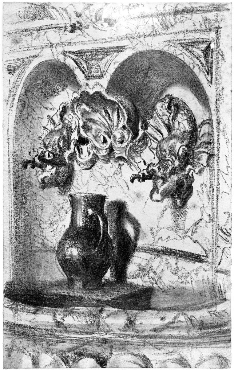 Wandbrunnen mit zwei Mündungen und Muscheln, darunter ein Wasserkrug