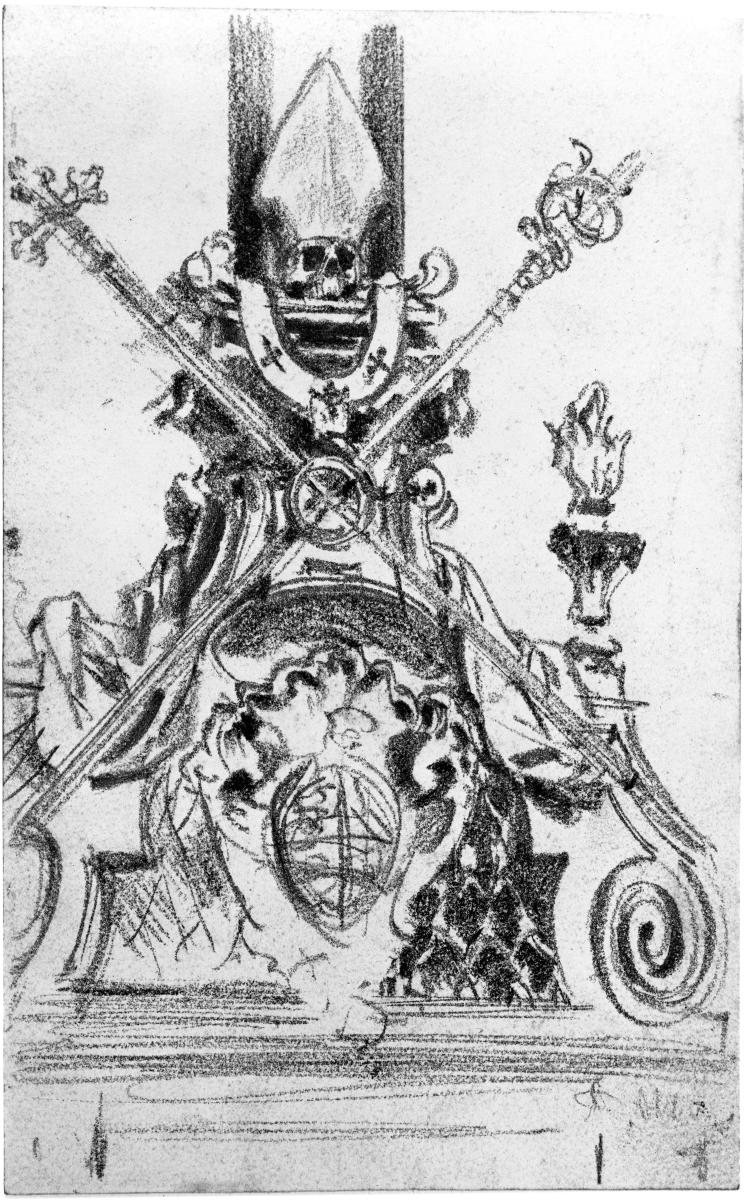 Barockes Dekorationsstück mit Kartusche, Voluten, Bischofsstäben, Totenkopf mit Bischofsstab, Draperie und Flamme