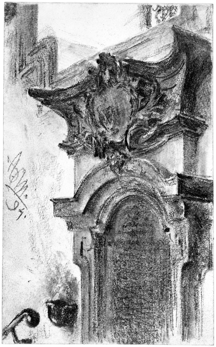 Barocke Umfassung einer Nische oder eines Portals am oberen Ende einer Treppe, darüber eine große Fensterlaibung