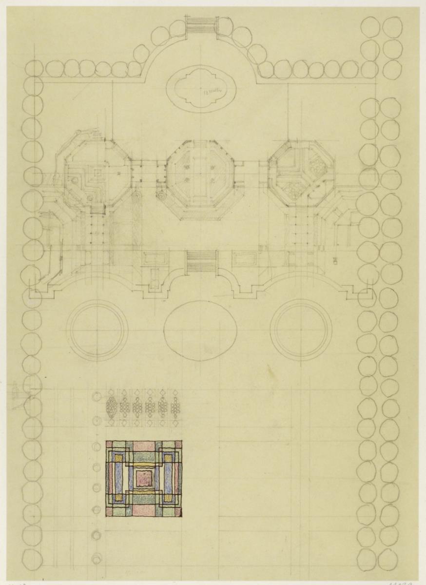 Darmstadt, Gartenbauausstellung, Skizzenblatt mit Gesamtplan, ein Blumenbeet des Parterres farbig angelegt