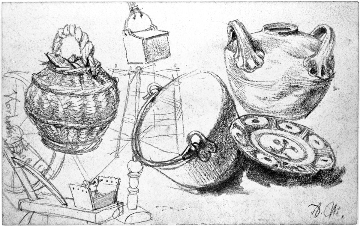 Gegenstände: Anglerkorb, hängendes Kästchen, Gestell, Eimer, Henkelkrug, Teller