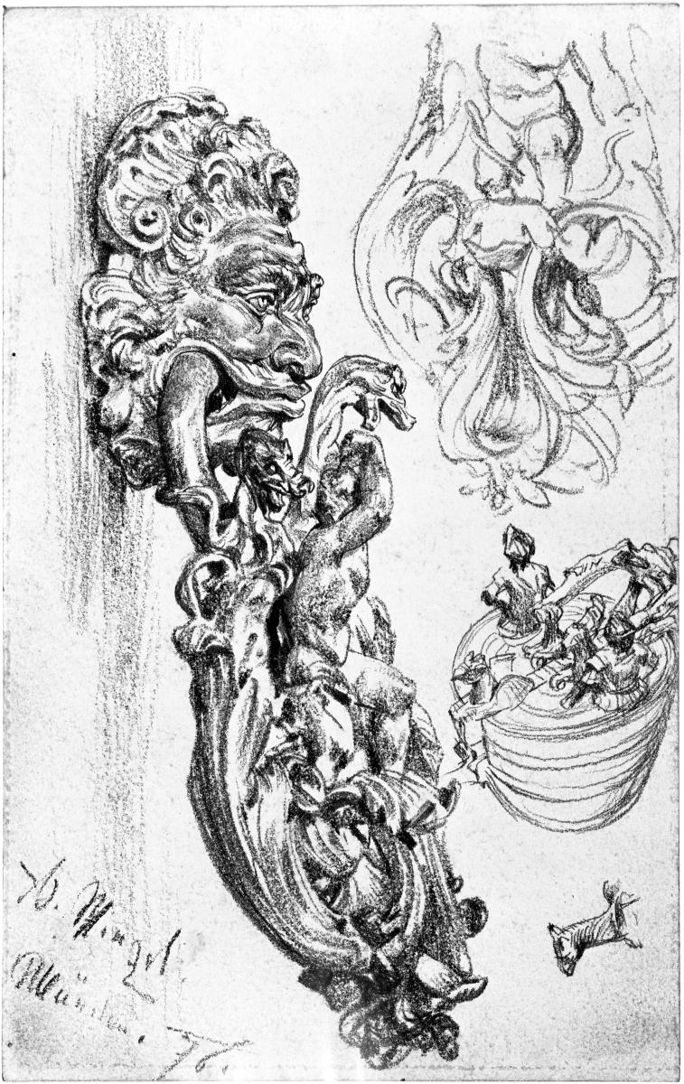 Türklopfer mit Maske und Figur, Gewichtsstücke im Behälter