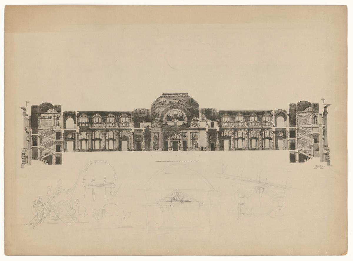 Berliner Reichstagsgebäude, Längsschnitt mit Skizzen