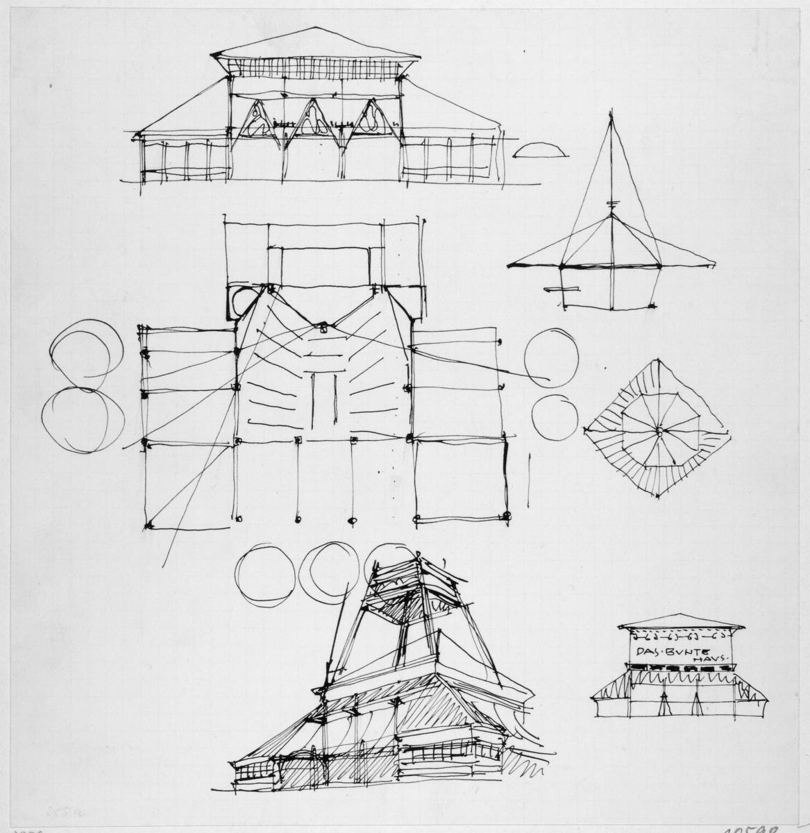 Darmstadt, provisorischer Theaterbau, Spielhaus für die Ausstellung, Vorentwurf, Skizzenblatt mit zwei Aufrissen, Grundriss, Perspektive und einigen Details