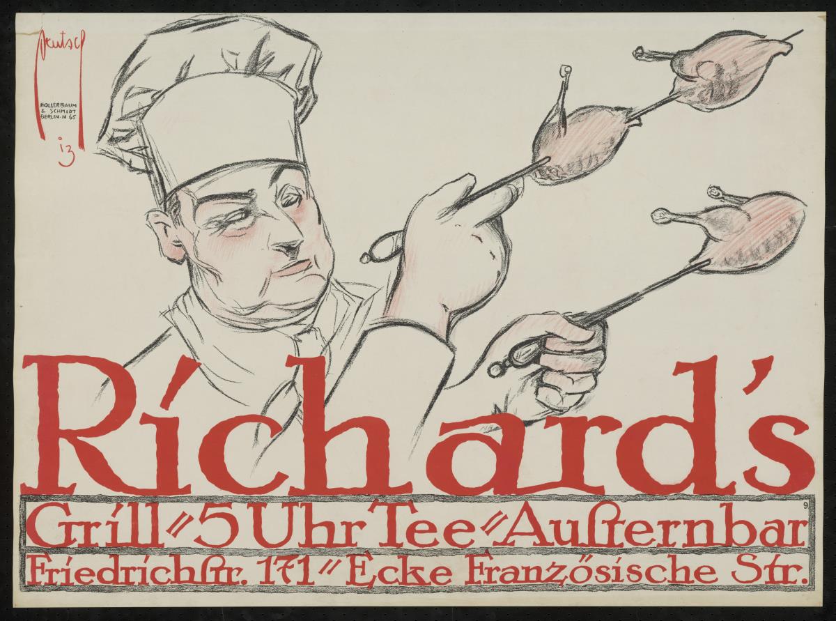 Richard's Grill. Koch mit aufgespießten Brathähnchen