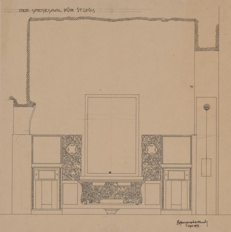 St. Louis, Sommersitz eines Kunstfreundes auf der internationalen Ausstellung, Speisezimmer, Raum 25, Aufriss der Südwestwand