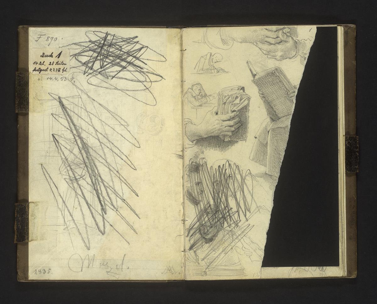 Frau, ein Behältnis an der Hüfte tragend, tritt durch eine Tür (verworfen); Hand- und Figurenstudien von Schreibenden und Lesenden, unten Männerköpfe (verworfen)