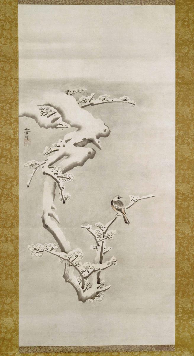 Vogel auf dem schneebedeckten Ast eines Pflaumenbaumes