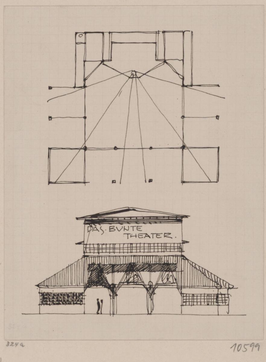 Darmstadt, provisorischer Theaterbau, Spielhaus für die Ausstellung, Vorentwurf, Skizzenblatt mit Grundriss und Aufriss