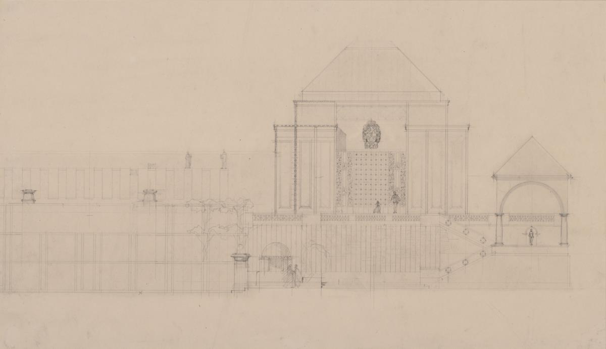 Darmstadt, Ausstellungsgebäude und Hochzeitsturm, Vorentwurf, Aufriss der Westfassade