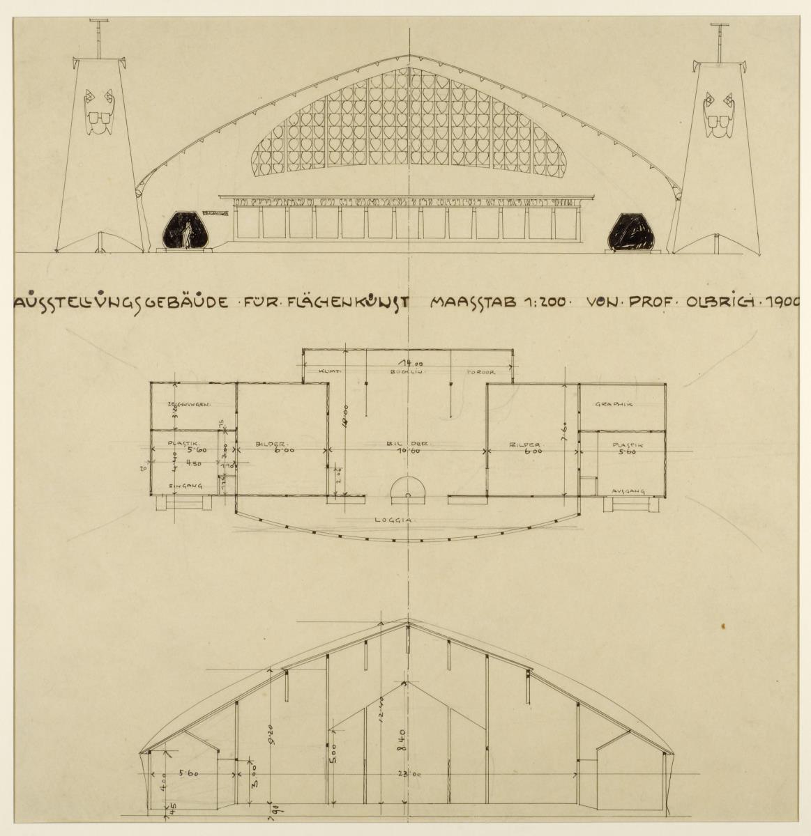 Darmstadt, provisorisches Galeriegebäude, Gebäude für Flächenkunst, Grundriss, Aufriss und Schnitt