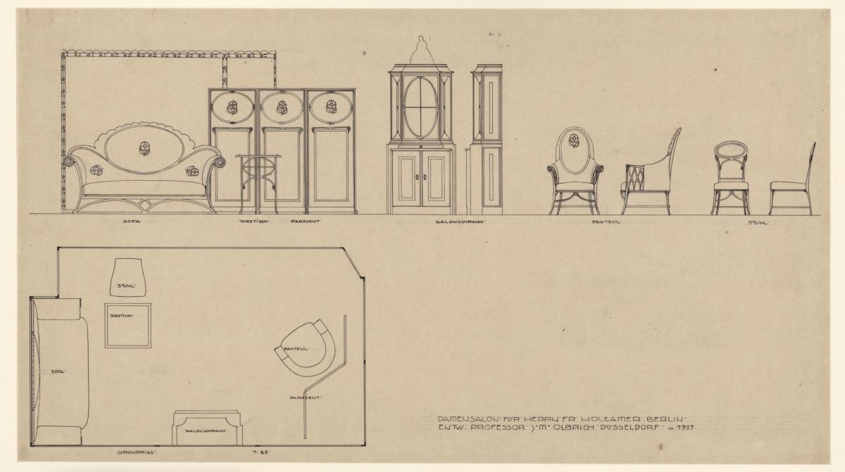 Berlin, Damensalon für Franz Holzamer, Wandaufriss mit Sofa, Teetisch und Paravent, Grundriss mit Möblierungsplan, Aufrisse und Seitenansichten von Schrank, Sessel und Stuhl