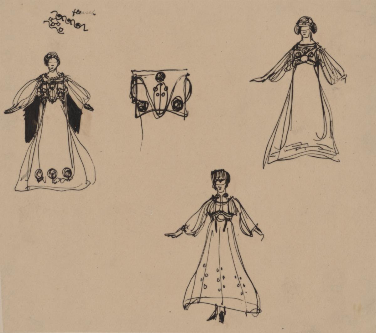 Skizzenblatt mit drei Figurinen, einem Oberteil und Ornamentdetail