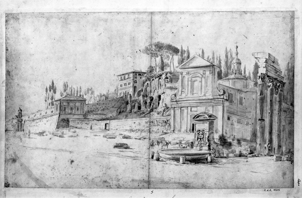 Campo Vaccino, rechts die drei Säulen, S. Maria Liberatrice und der Brunnen, links Orti Farnesiani mit Eckpavillon