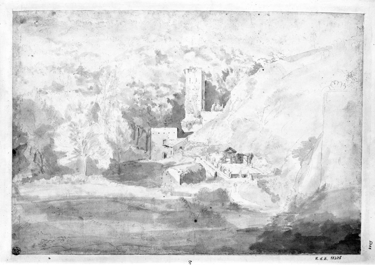 Turm und Garten in bergiger Landschaft