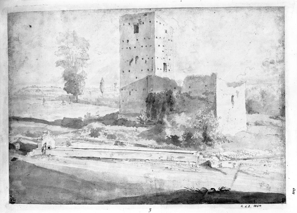 Turm in der Campagna, im Vordergrund langes rechteckiges Wasserbecken (das gleiche auf KdZ 14261)