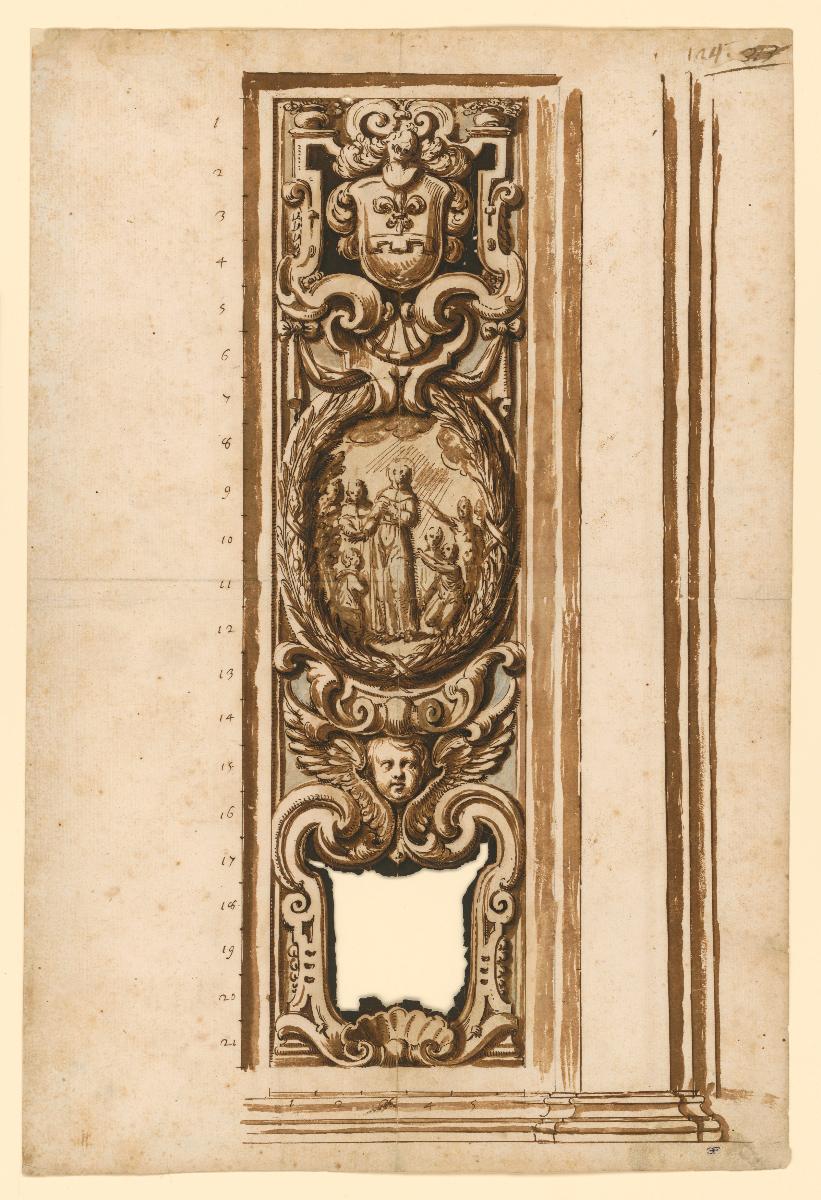 L' Aquila, Kapelle San Bernardino dell' Acta, Entwurf für eine Holzfüllung, mit Wappen