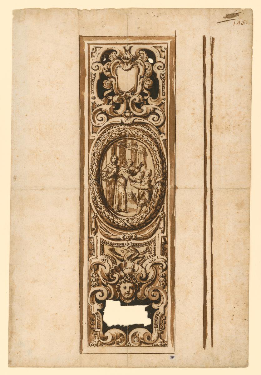 L' Aquila, Kapelle San Bernardino dell' Acta, Entwurf für eine Holzfüllung, mit Kranzumrandung des Medaillons