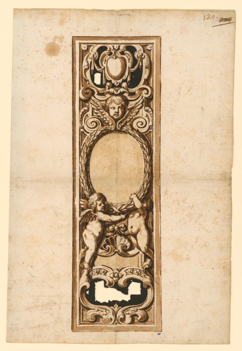 L' Aquila, Kapelle San Bernardino dell' Acta, Entwurf für eine Holzfüllung, mit Kranzumrandung der Kartusche