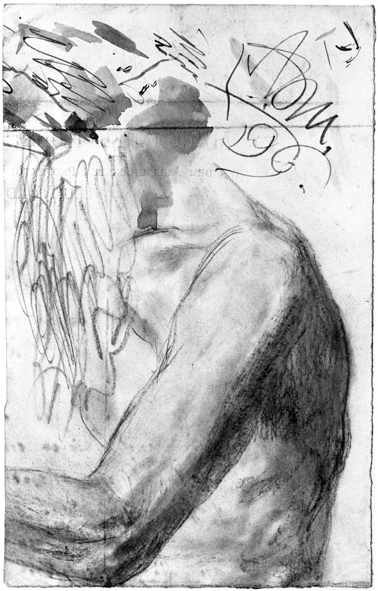Rücken und linker Arm eines alten Mannes im Profil. Modellstudie zum "Akademieblatt" 1896