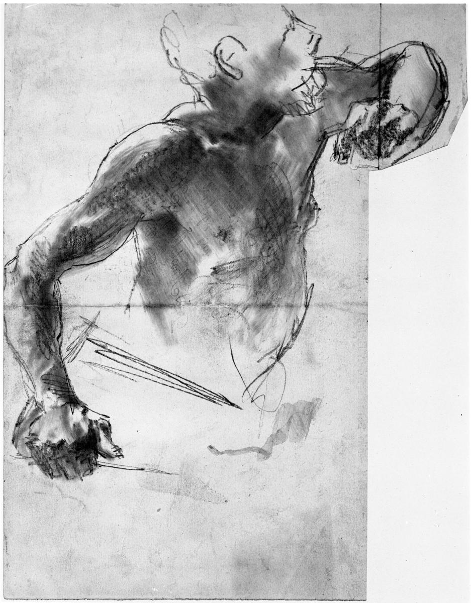 Halbakt eines Mannes nach rechts, einen Gegenstand in der rechten haltend, den linken Arm erhoben. Modellstudie zum "Akademieblatt" 1896