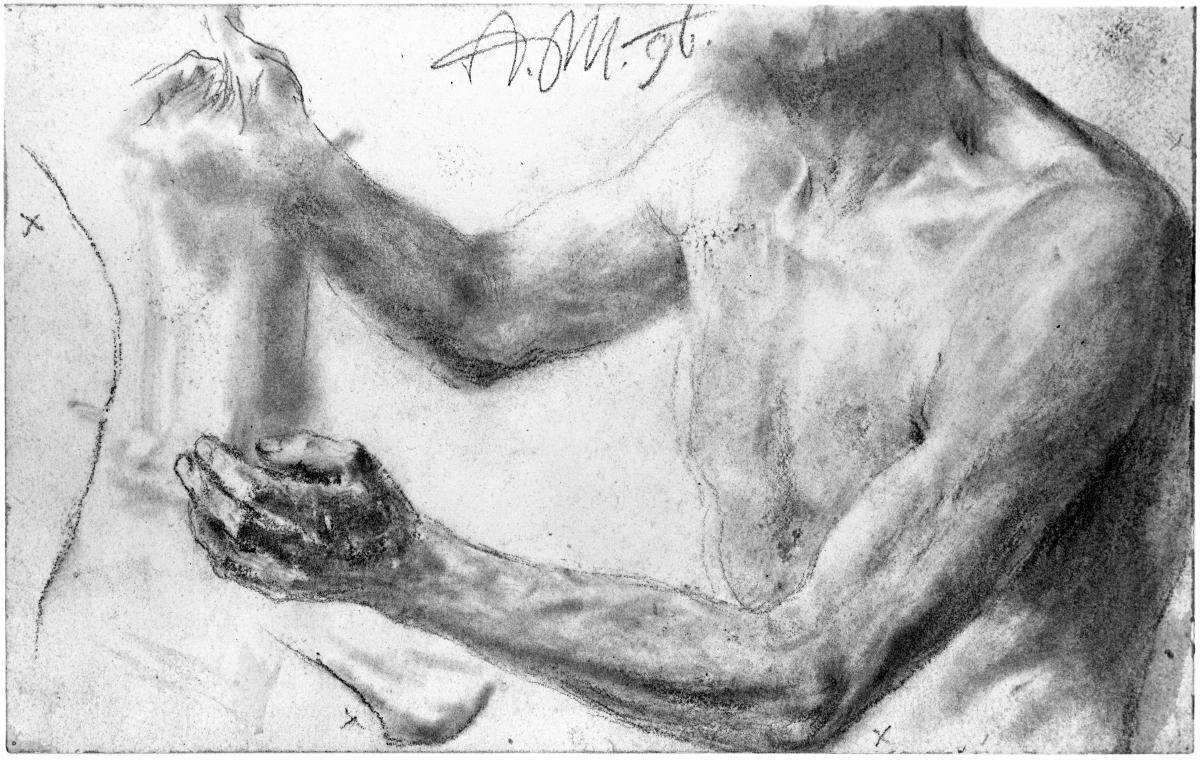Oberkörper eines alten Mannes, die Arme ausgestreckt. Modellstudie zum "Akademieblatt" 1896