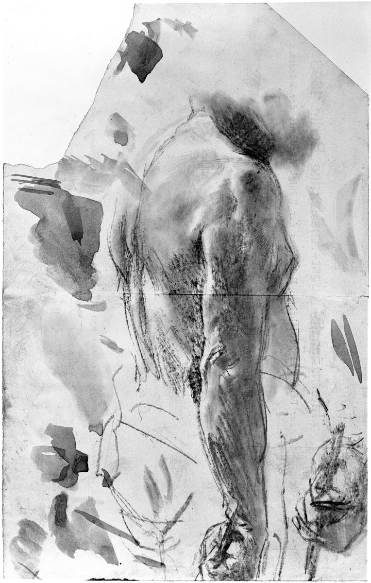 Rückenakt eines Mannes mit herabhängendem rechten Arm. Modellstudie zum "Akademieblatt" 1896