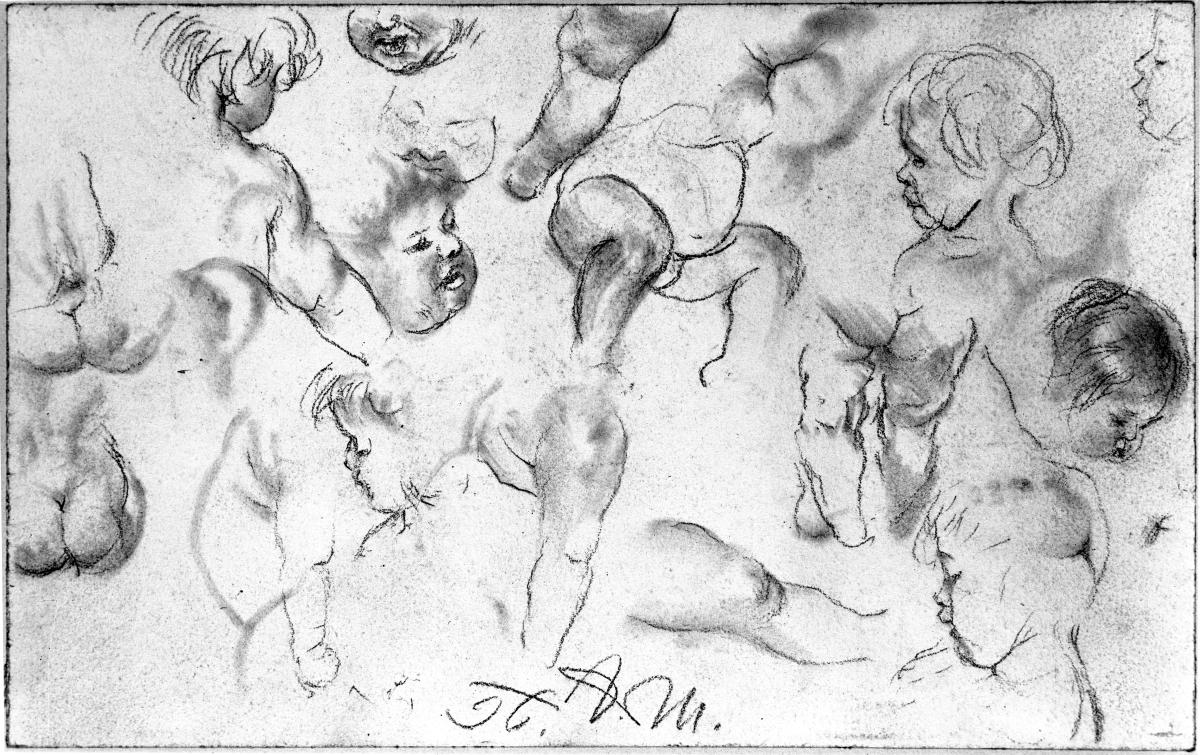 Kopf- und Aktstudien eines Kleinkindes. Modellstudie zum "Akademieblatt" 1896