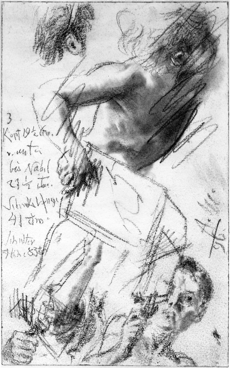 Männlicher akt nach rechts (teils verworfen), der Kopf wiederholt, männlicher Kopf und Armstudien. Modellstudie zum "Akademieblatt" 1896