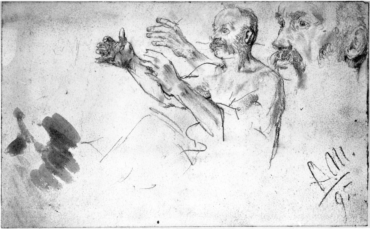 Brustbild eines Mannes mit vorgestreckten Armen, das Gesicht wiederholt. Modellstudie zum "Akademieblatt" 1896