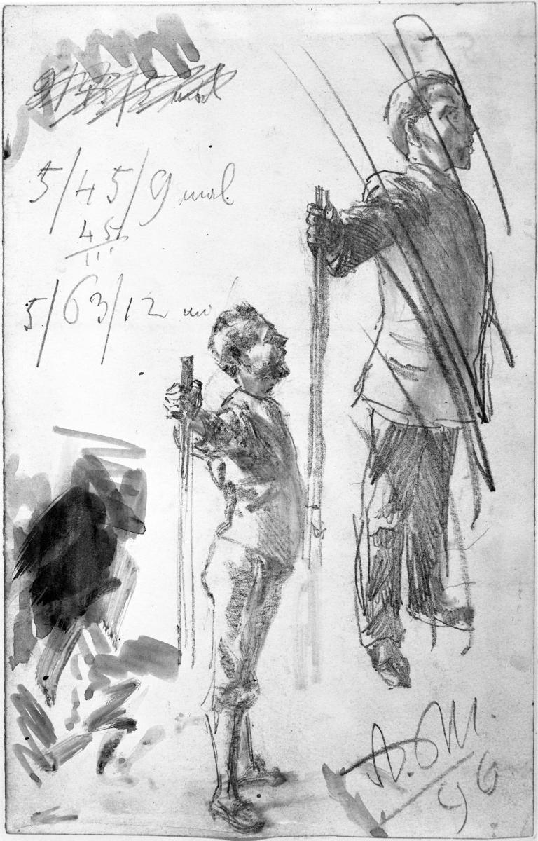 Zwei Studien eines stehenden Mannes, das Gewehr im Präsentiergriff haltend. Modellstudie zum "Akademieblatt" 1896