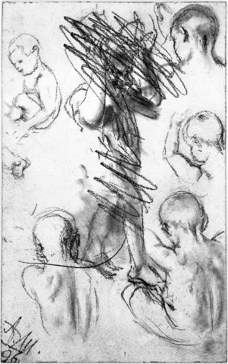 Schreitendes Kind (verworfen), Rücken- und Profilansicht eines sitzenden Knaben. Modellstudie zum "Akademieblatt" 1896