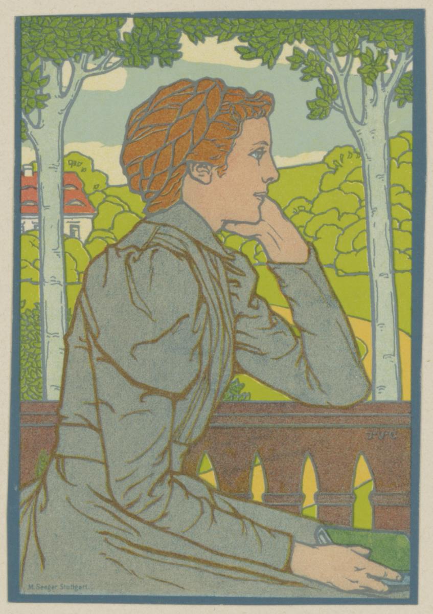 Sitzende Frau im Profil. Illustration zu: Luise Glass, Das Montagskränzchen. Bd. 1 der Kränzchenbibliothek