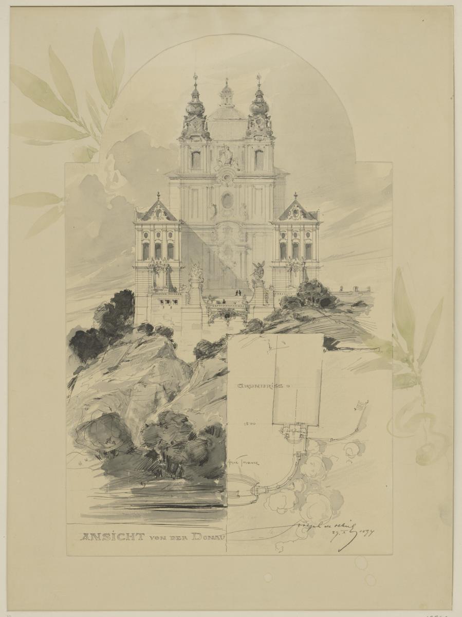 Reisestudien, Melk, Ansicht des Stifts von der Donau und Teilgrundriss