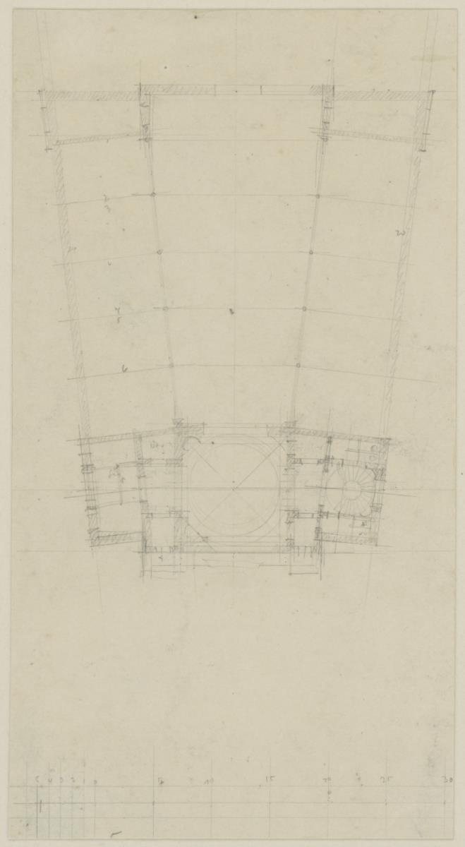 Wien, Ausstellungsgebäude der Secession, drei Skizzen mit Grundriss, Grundriss und Fassade sowie Fassade und Schnitt