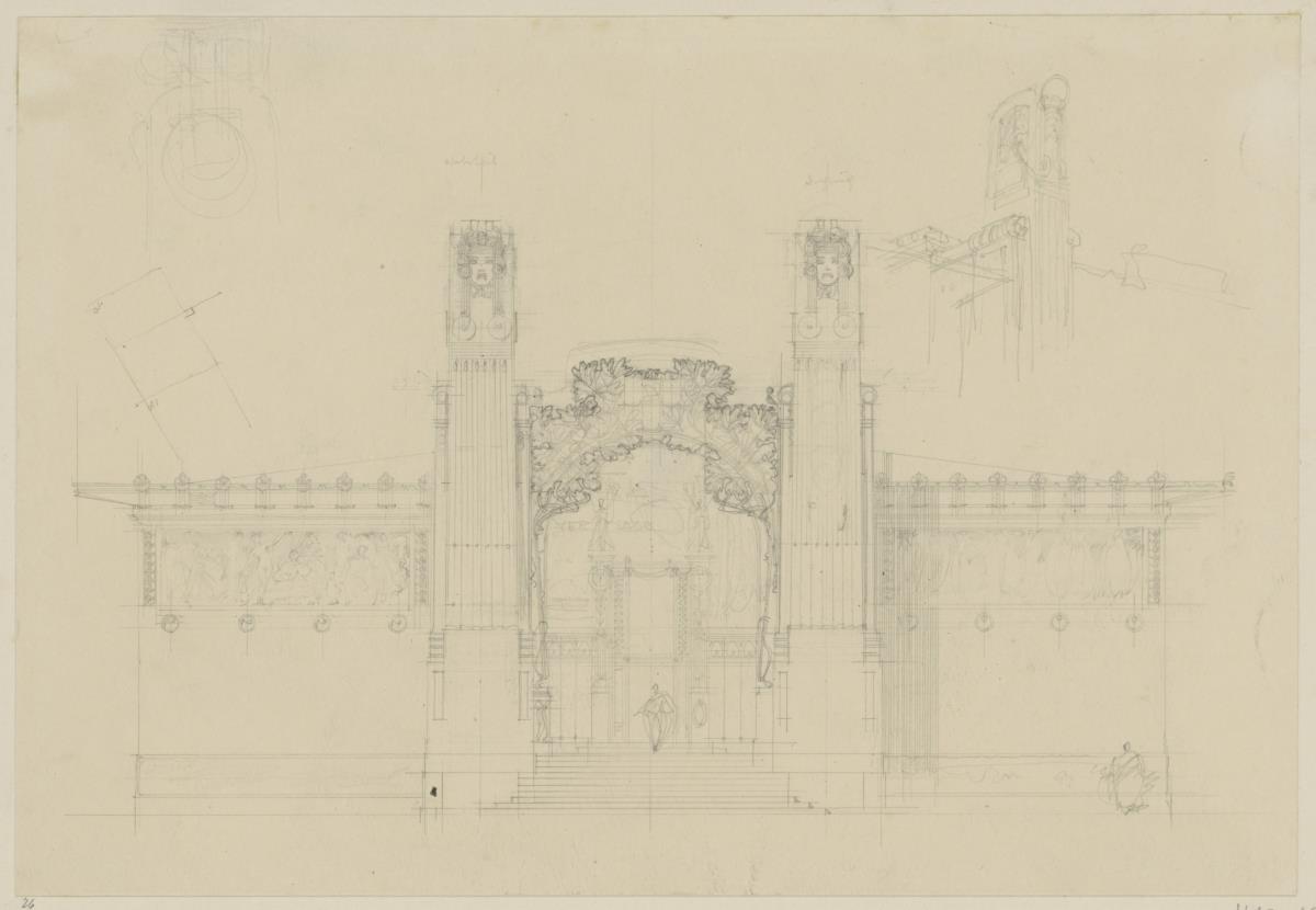 Wien, Ausstellungsgebäude der Secession,, Aufriss der Hauptfassade  sowie Skizzen zweier Grundriss- und eines Fassadendetails