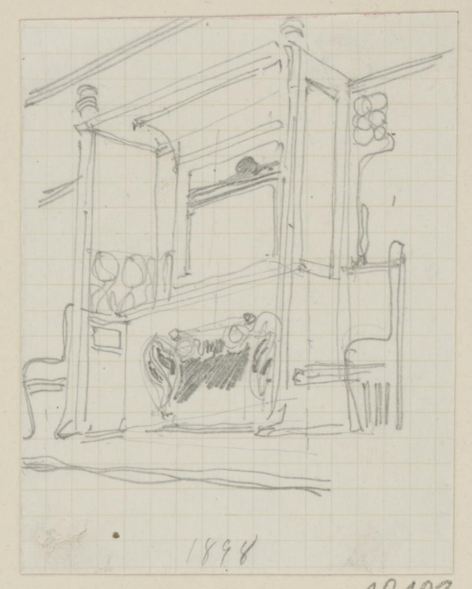 Hinterbrühl, Villa Friedmann, Speisezimmer, Perspektive des Kamins, Vorentwurf