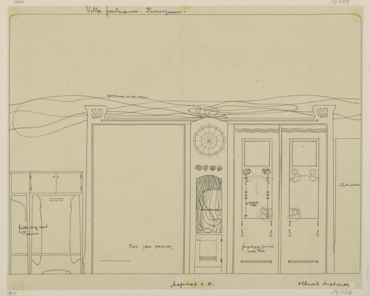 Hinterbrühl, Villa Friedmann, Herrenzimmer, Aufriss der Eingangswand