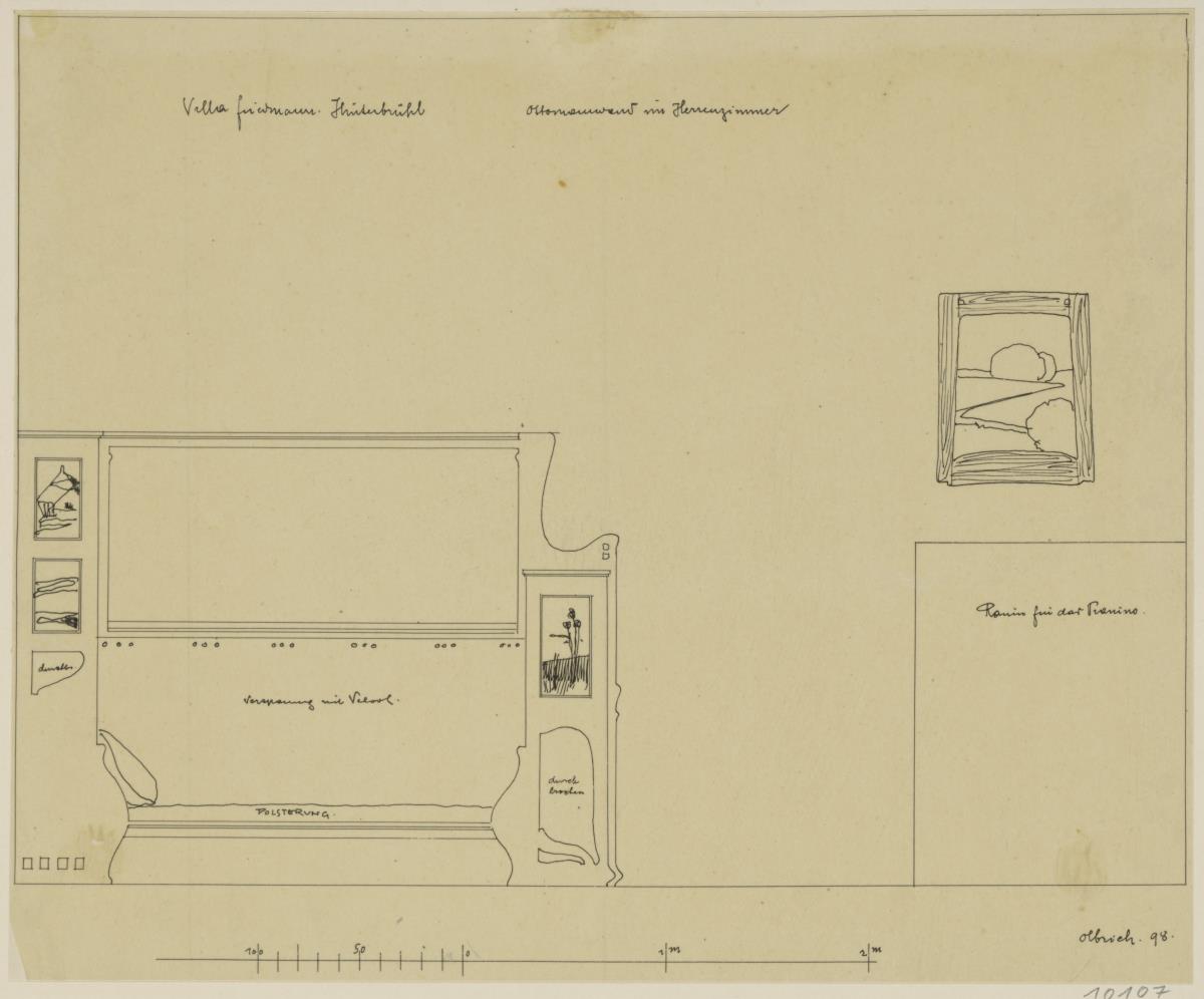 Hinterbrühl, Villa Friedmann. Herrenzimmer, Aufriß der Sofawand