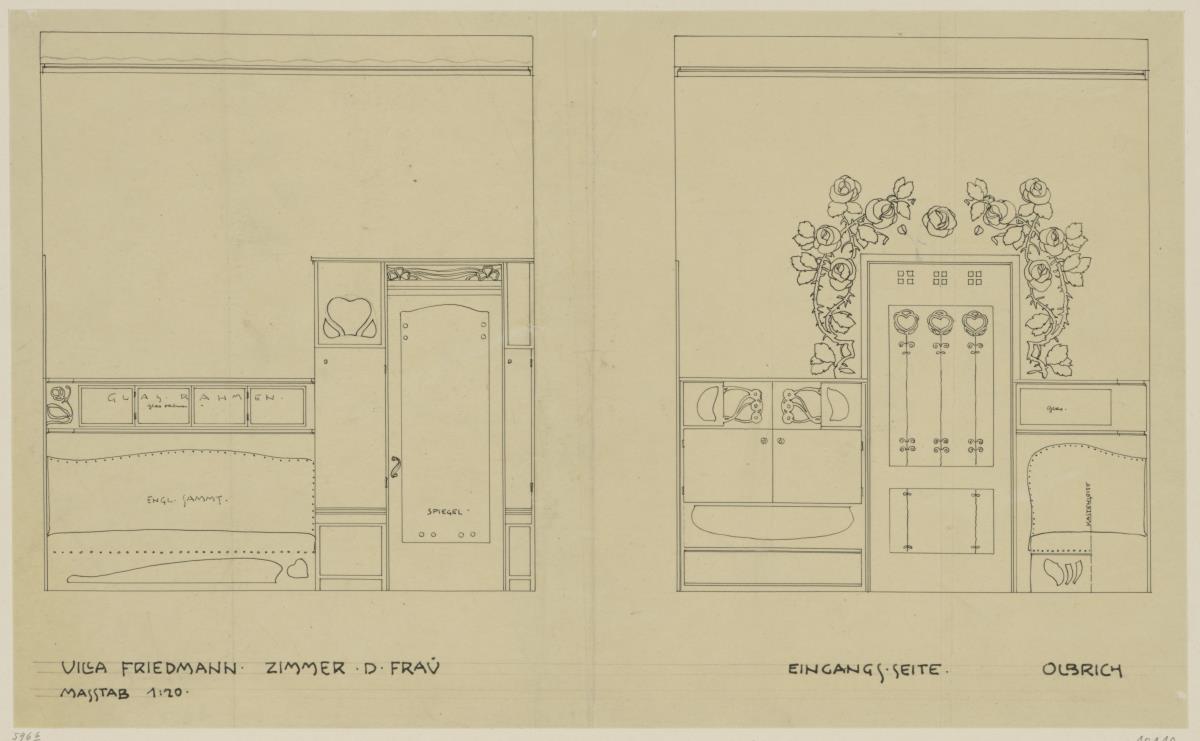 Hinterbrühl, Villa Friedmann, Damenzimmer, Aufriss zweier Wände