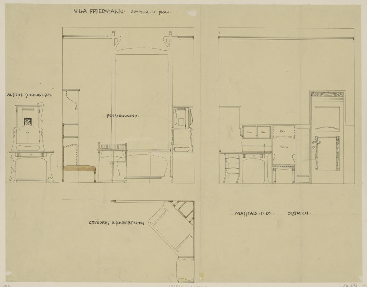 Hinterbrühl, Villa Friedmann, Damenzimmer, Aufriss zweier Wände