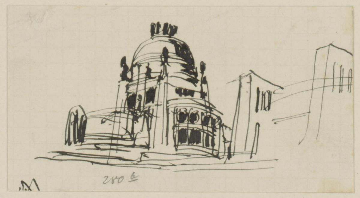 Wien, Projekt Kaiser Franz Joseph Jubiläumskirche, Skizzenblatt mit Perspektive und (rechts) der Perspektive einer monumentalen Mauer