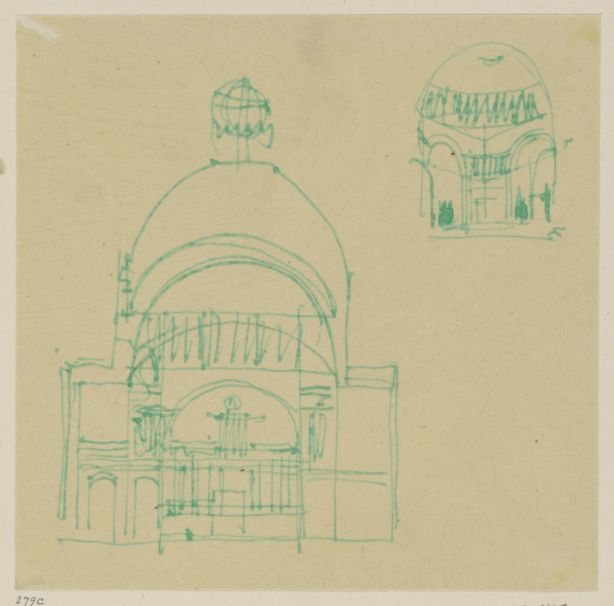 Wien, Projekt Kaiser Franz Joseph Jubiläumskirche, Skizzenblatt mit Schnitt und Perspektive des Kuppelraums
