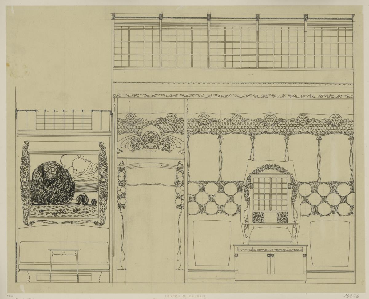 Darmstadt, Wiener Zimmer für die Weltausstellung Paris 1900, Aufriss der Längswand mit dem Schmuckschrank