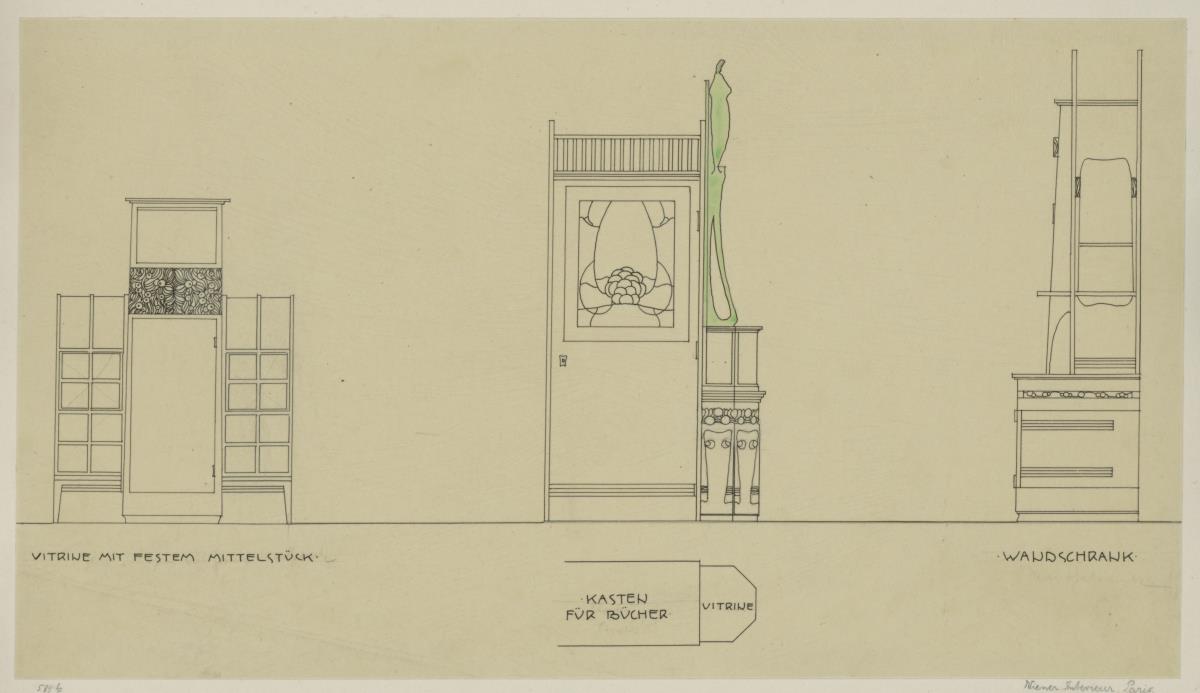 Darmstadt, Wiener Zimmer für die Weltausstellung Paris 1900,          Aufrisse dreier Möbelstücke