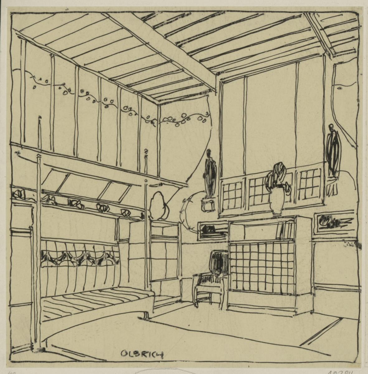 Darmstädter Zimmer für die Weltausstellung Paris 1900, Perspektive der Sofa und Fensterwand